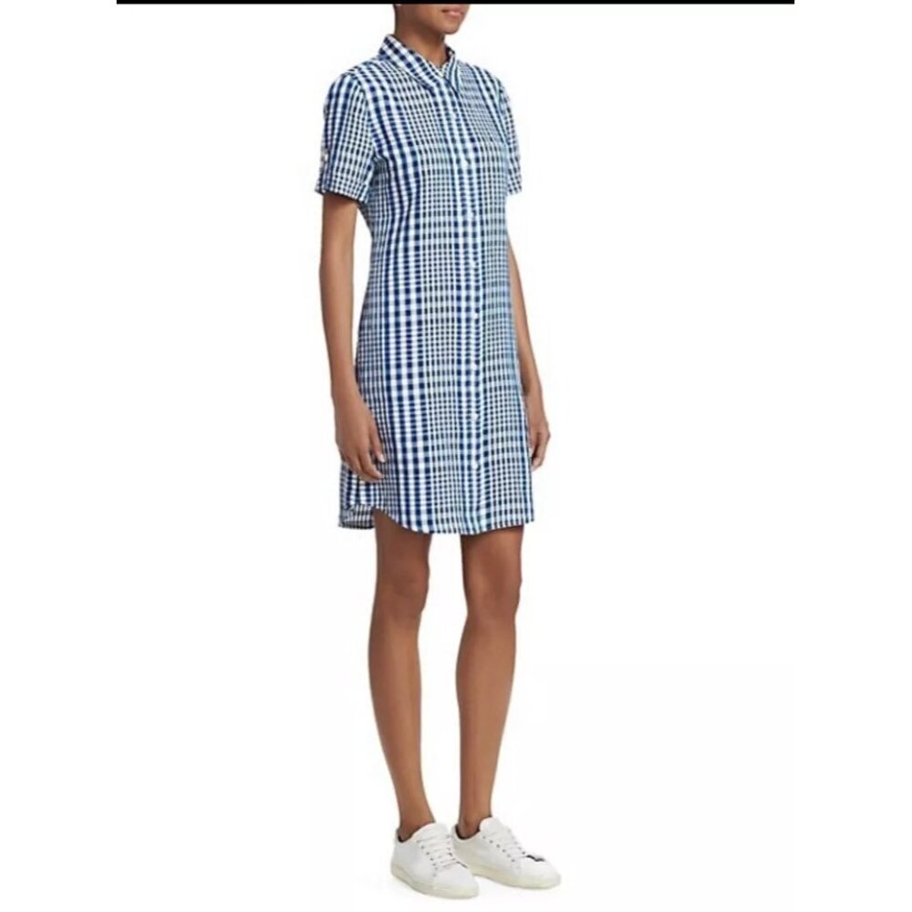 New Theory Mayvine Dillon Plaid Mini Shirt Dress Linen Blend Blue White Size 0